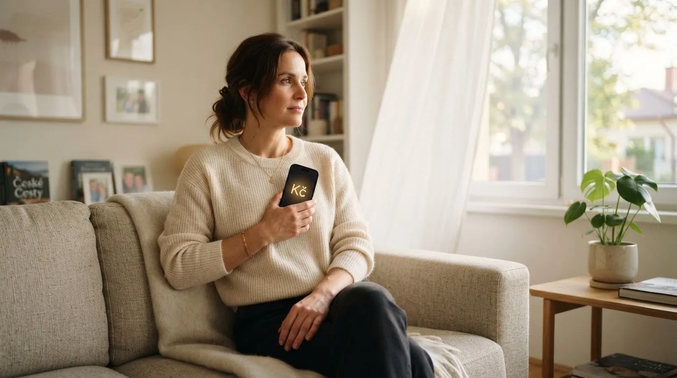 Žena v obývacím pokoji drží telefon a zamyšleně hledí z okna za dne.