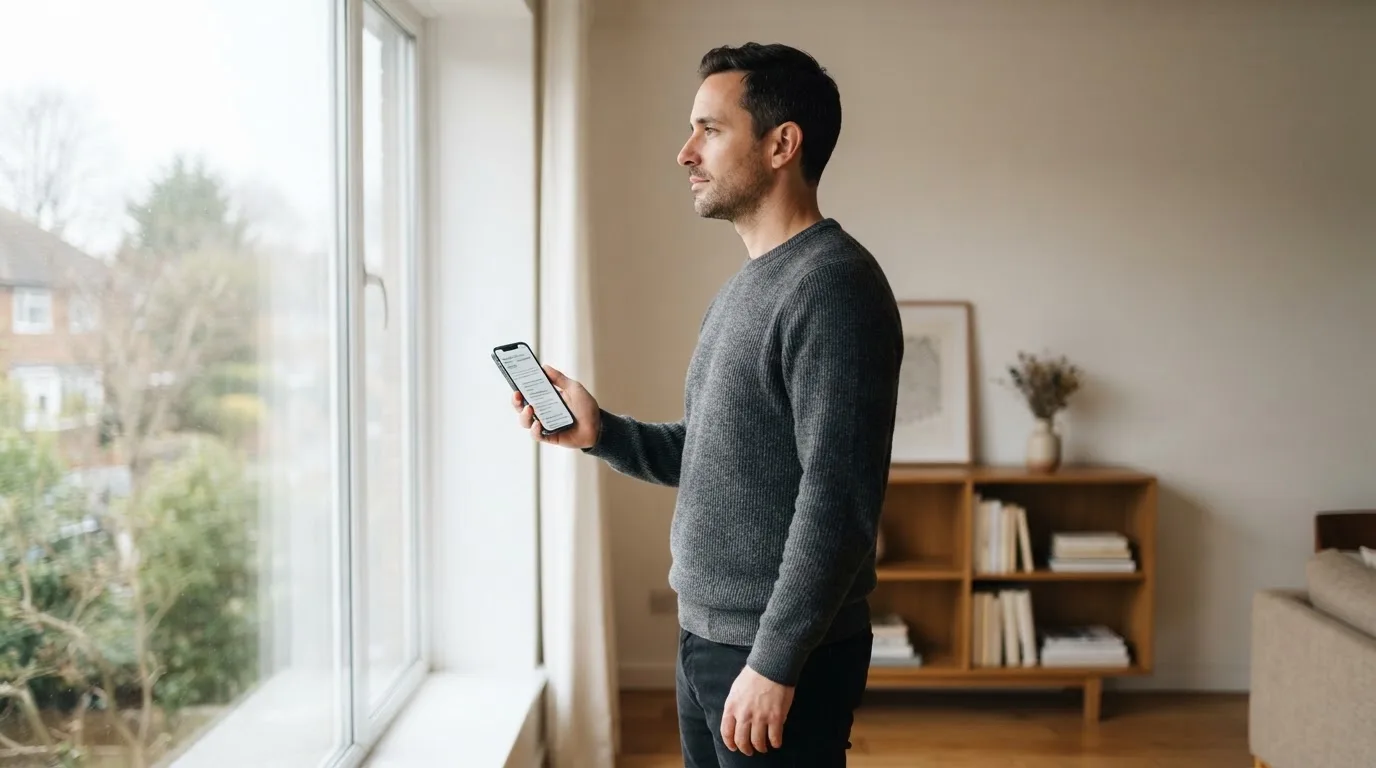 Muž v obývacím pokoji drží telefon a zamyšleně hledí z okna za dne.