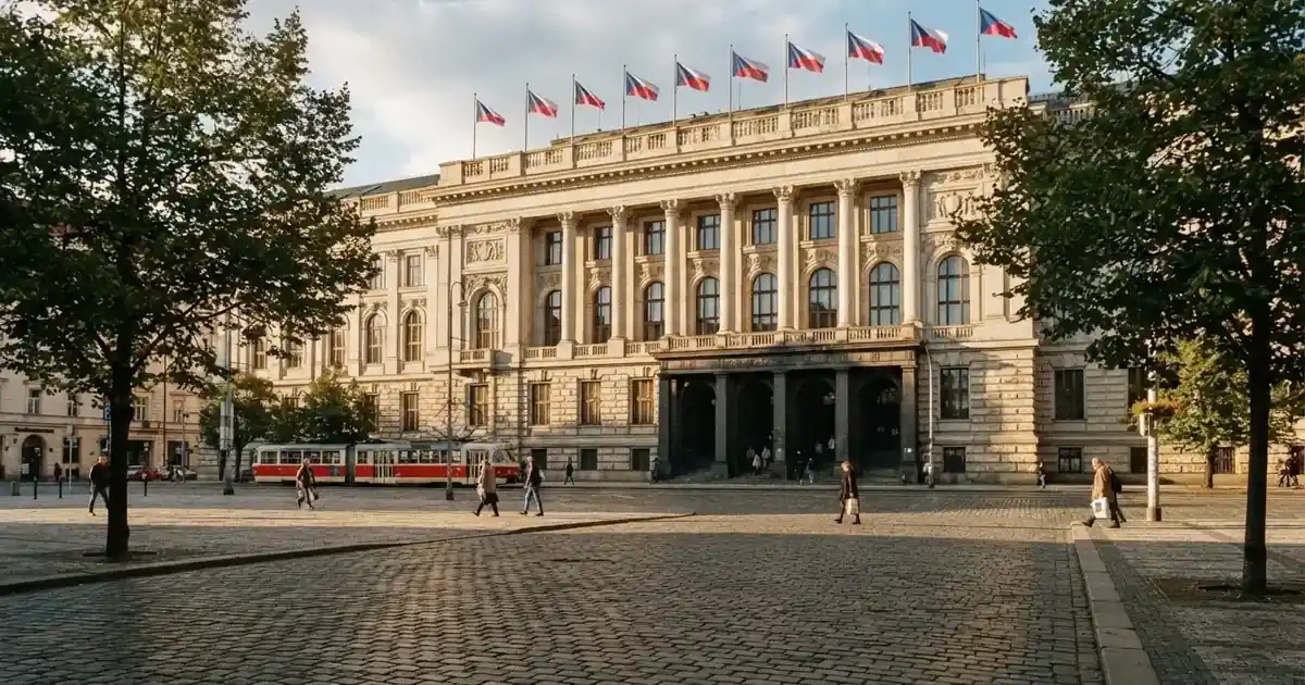 Historická úřední budova s vlajkami na slunečném náměstí — bezpečné zahraniční casino pro české hráče