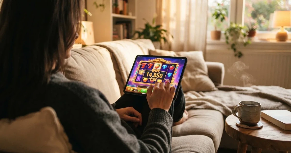 Hráč na gauči s tabletem, šálek kávy na stolku, teplé světlo — bonus za založení účtu casino
