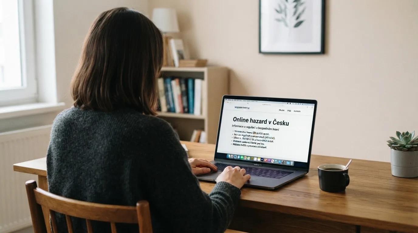 Člověk u notebooku čte informační stránku o online hazardu v Česku — casina online bez ověření totožnosti