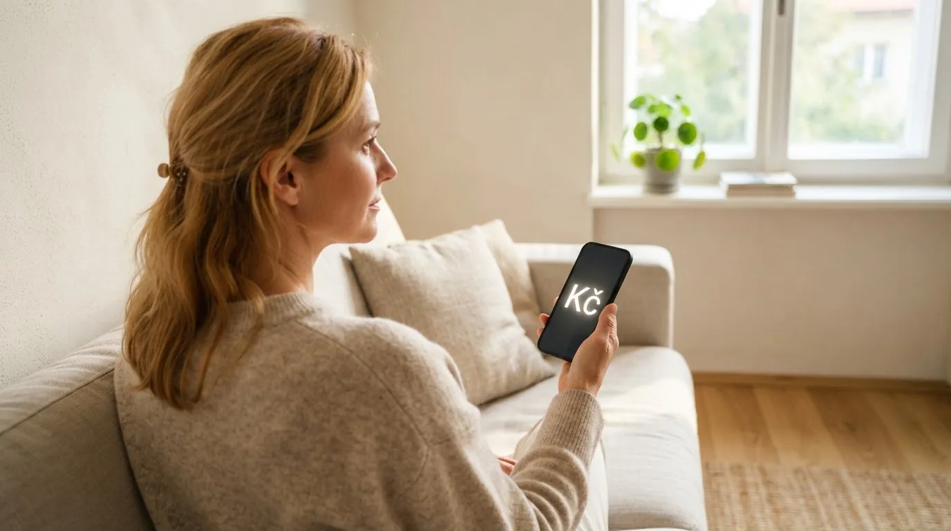 Žena v obývacím pokoji drží telefon a zamyšleně hledí z okna za dne.