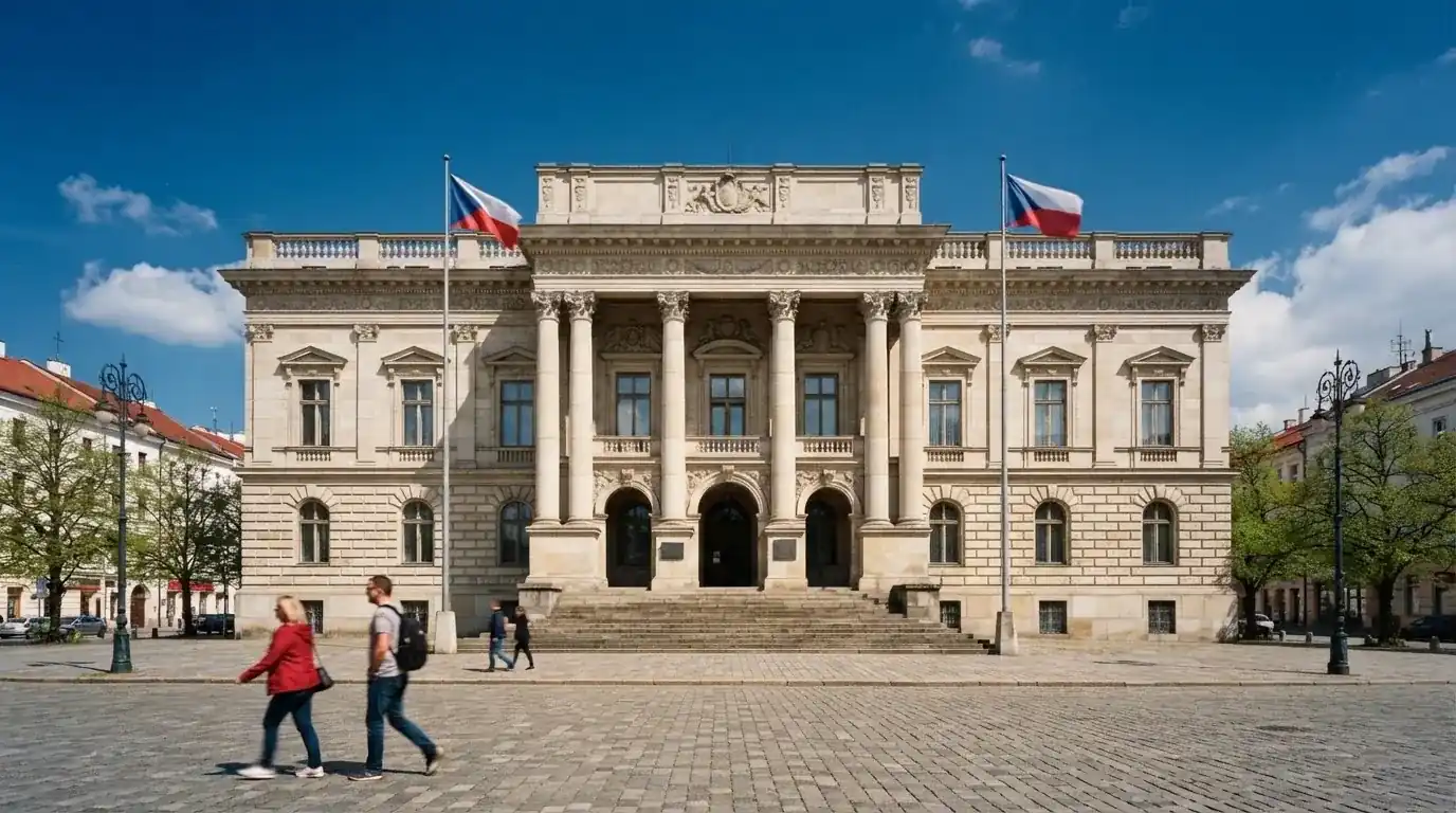 Historická úřední budova s vlajkami na slunečném náměstí — casino minimální vklad 1, 5, 10 euro