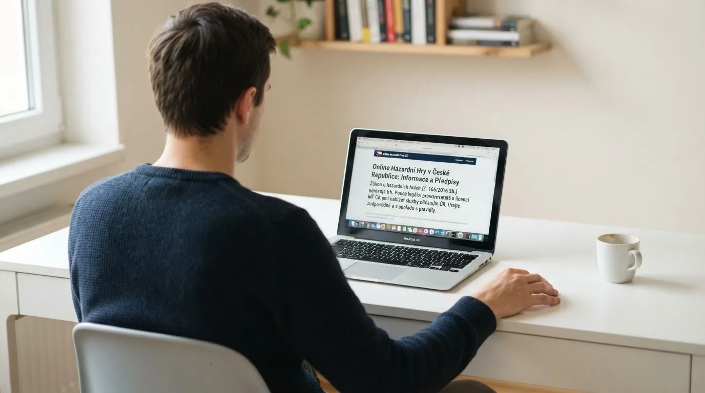 Člověk u notebooku čte informační stránku o online hazardu v Česku — casino minimální vklad 100 kč