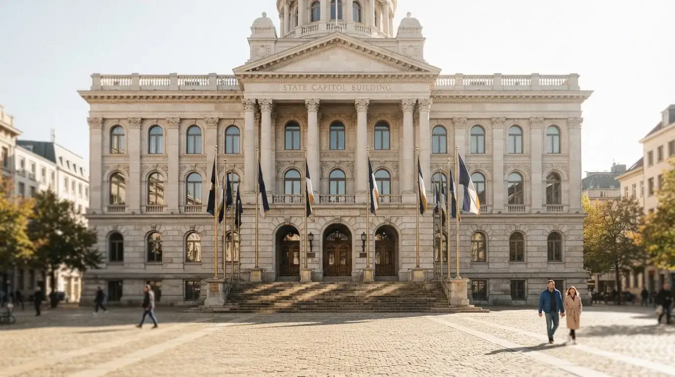 Historická úřední budova s vlajkami na slunečném náměstí — casino okamžitý výběr