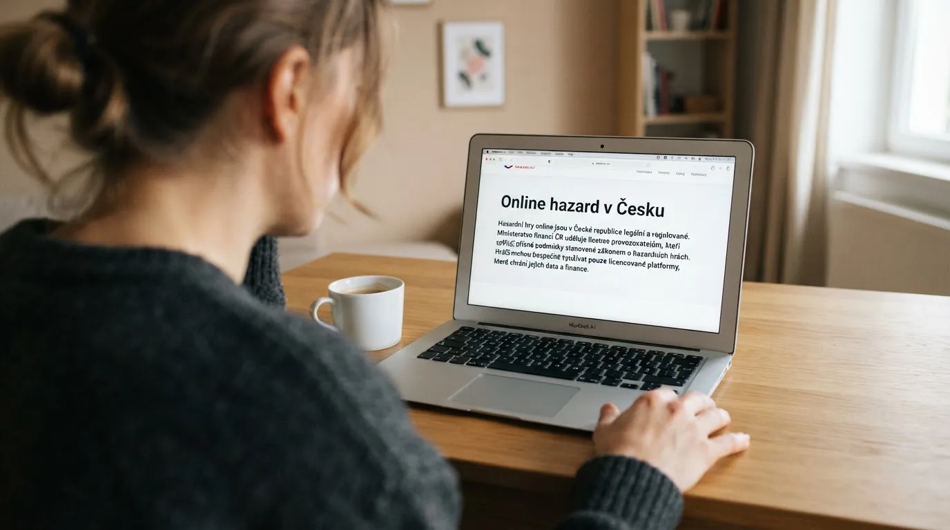 Člověk u notebooku čte informační stránku o online hazardu v Česku — casino okamžitý výběr