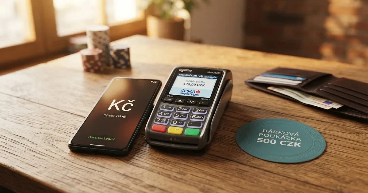 Platební terminál a telefon na dřevěném stole vedle peněženky — casino platba paysafecard