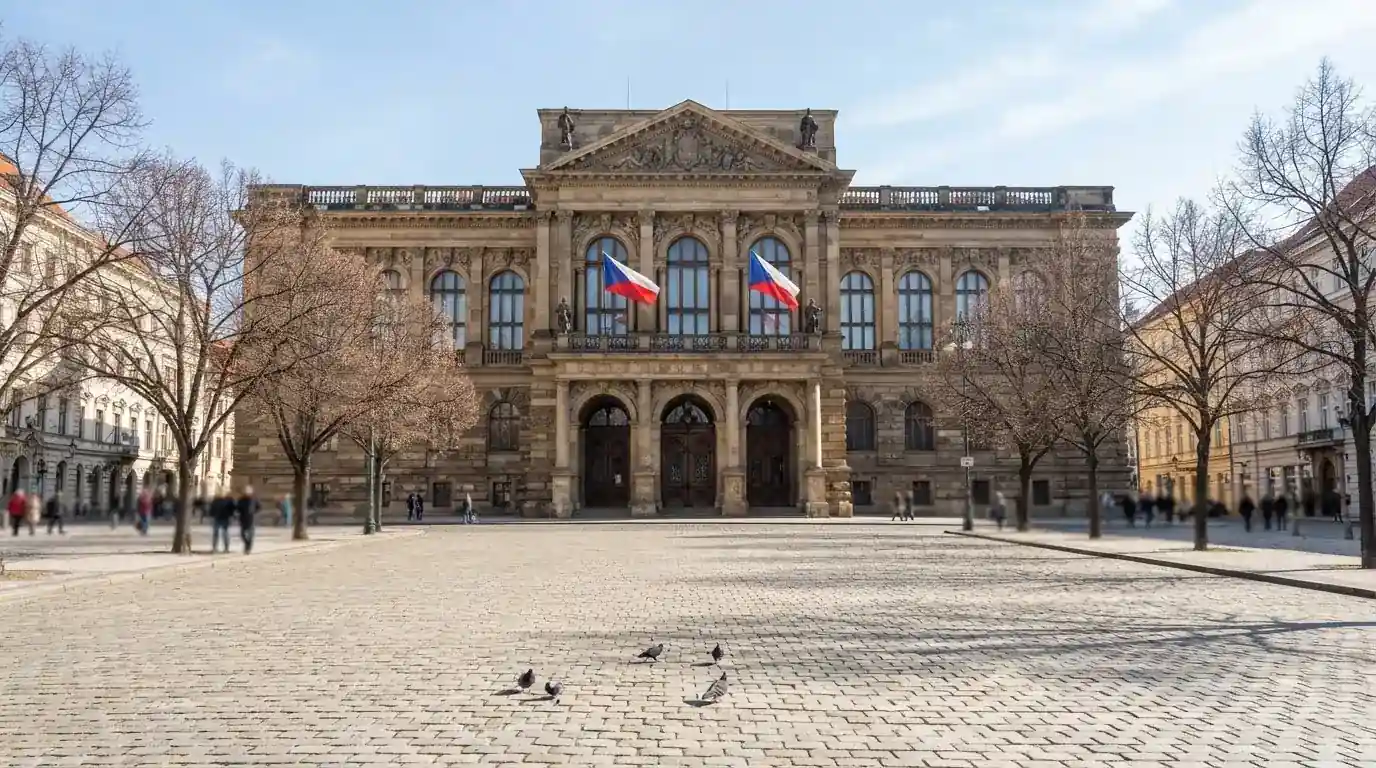 Historická úřední budova s vlajkami na slunečném náměstí — casino platba paysafecard