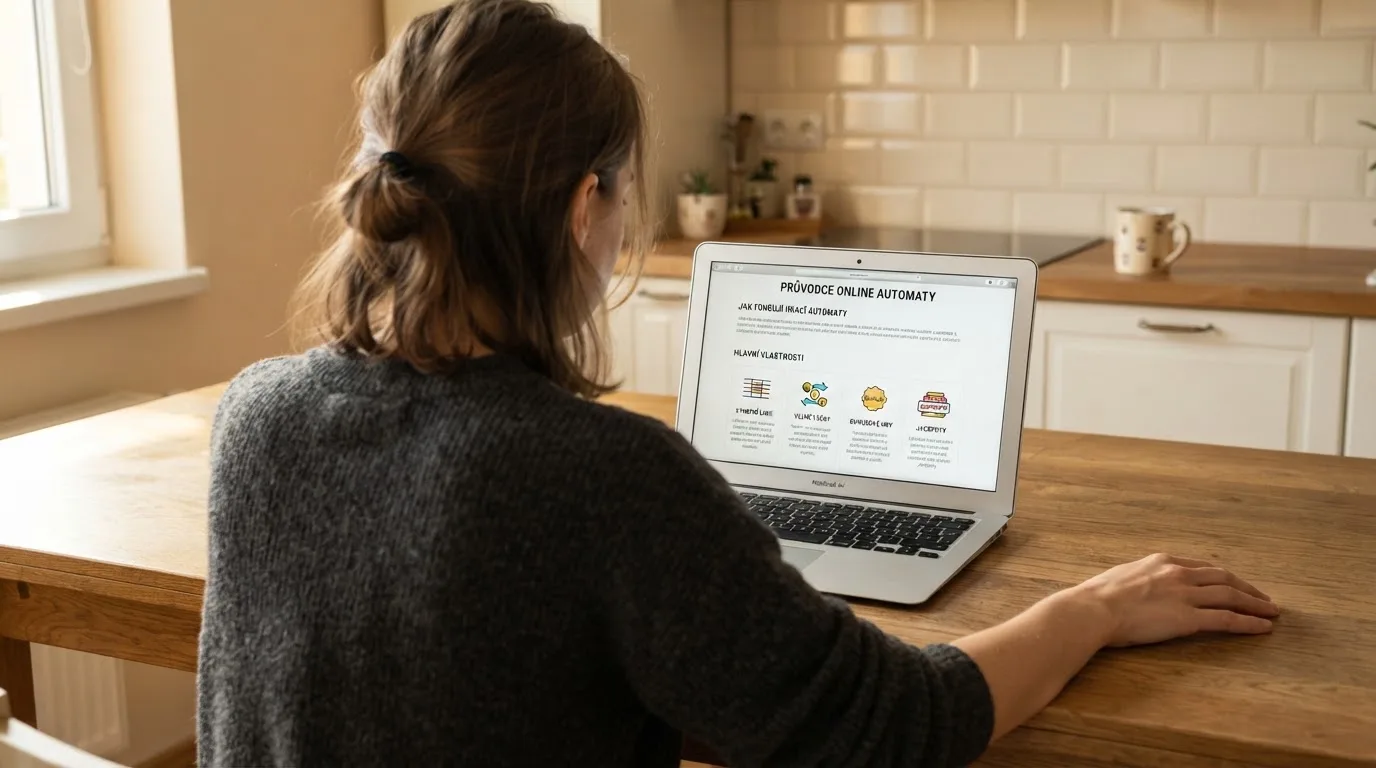 Člověk u notebooku čte informační stránku o online hazardu v Česku — hrací automaty hrací automaty zdarma online