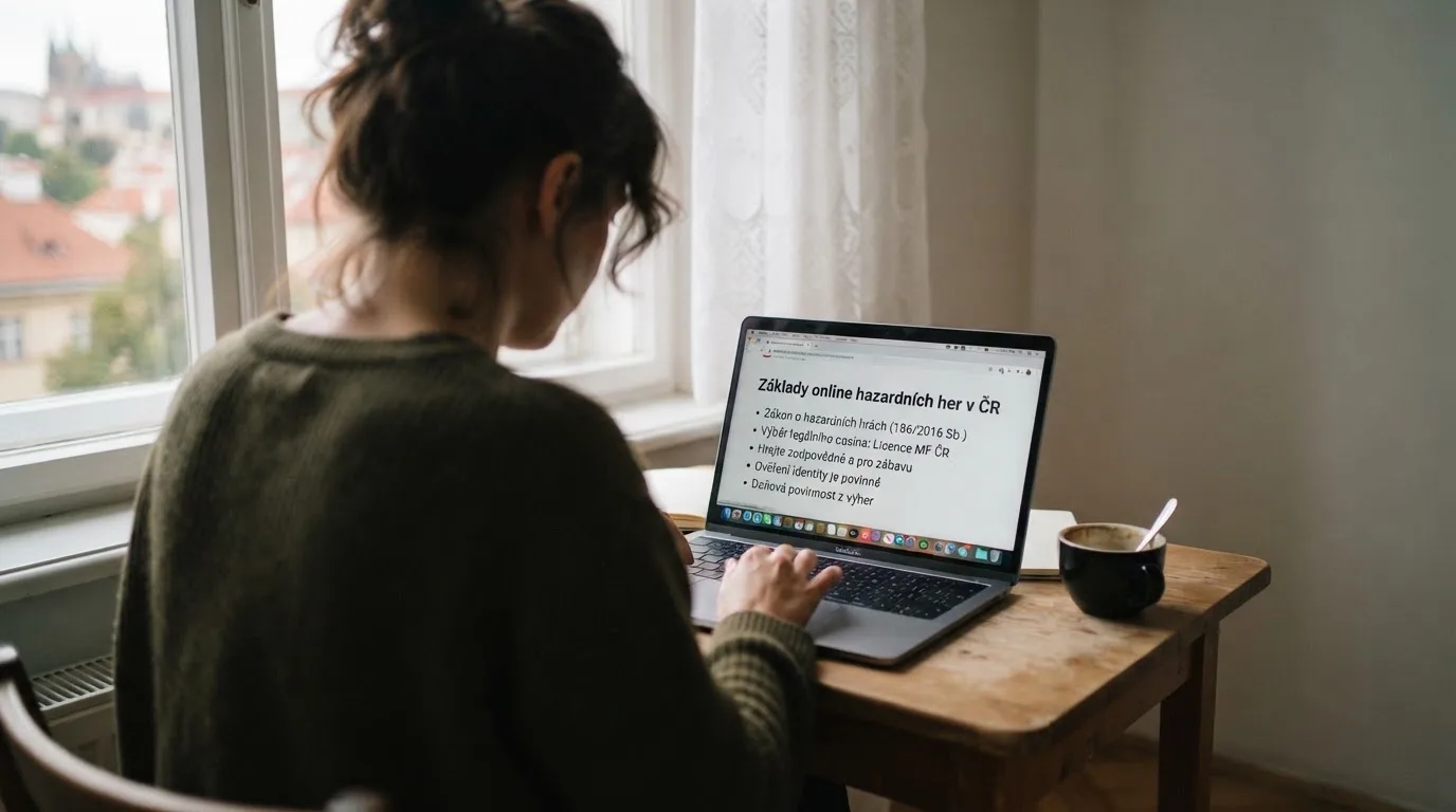 Člověk u notebooku čte informační stránku o online hazardu v Česku — hrací automaty zdarma ke stažení