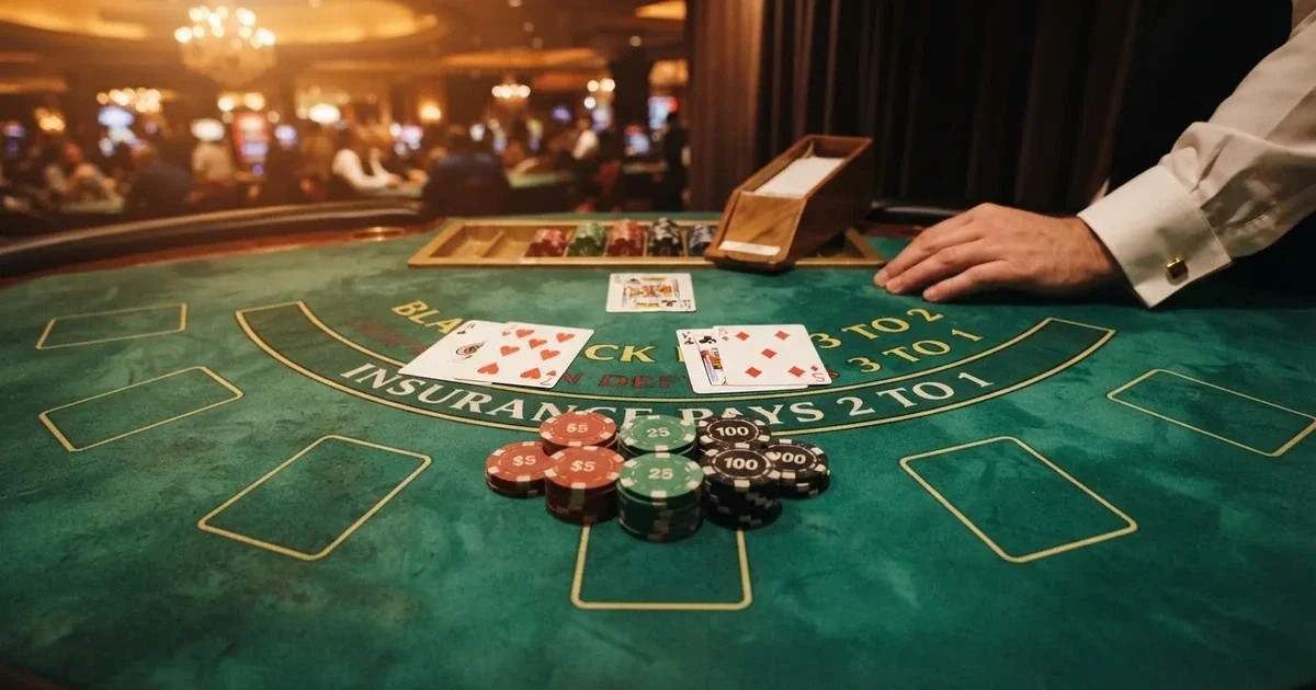Osvětlený herní stůl s kartami a žetony shora — live blackjack pro české hráče