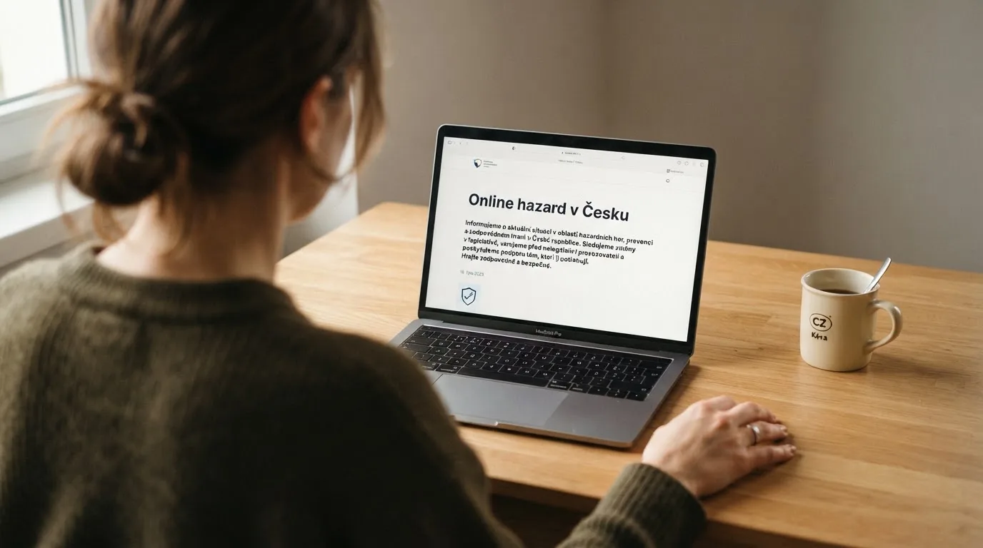 Člověk u notebooku čte informační stránku o online hazardu v Česku — live blackjack pro české hráče
