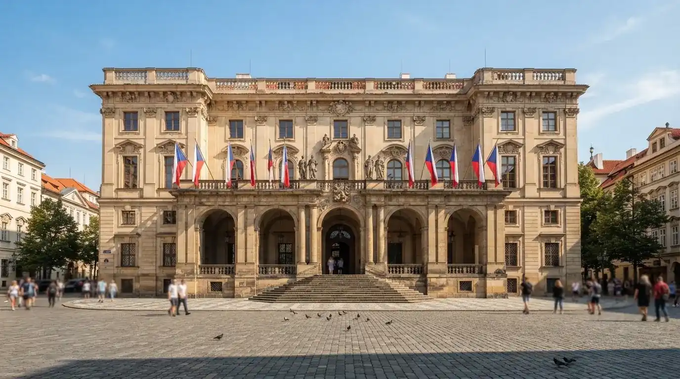 Historická úřední budova s vlajkami na slunečném náměstí — live ruleta CZ s česky mluvícími krupiéry