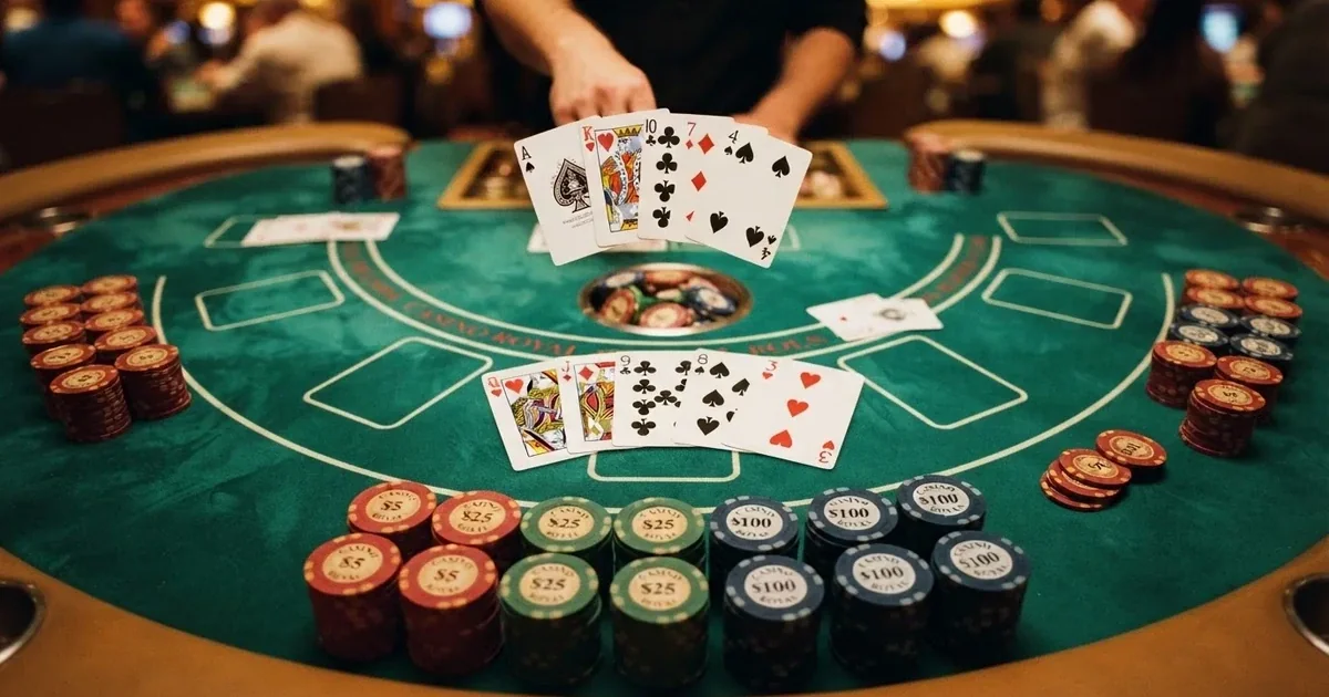 Osvětlený herní stůl s kartami a žetony shora — live ruleta CZ s česky mluvícími krupiéry