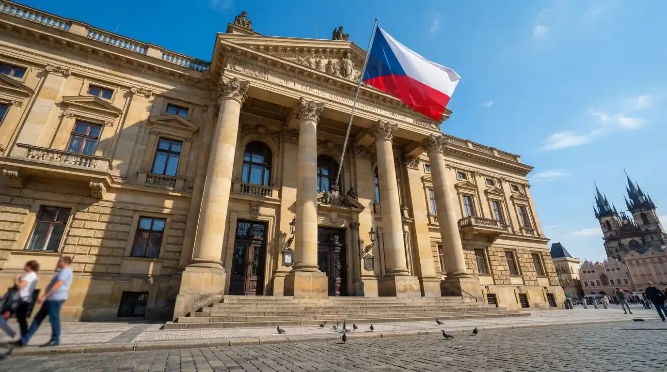 Kamenná budova se sloupy a vlajkou stojí na náměstí za slunečného dne.
