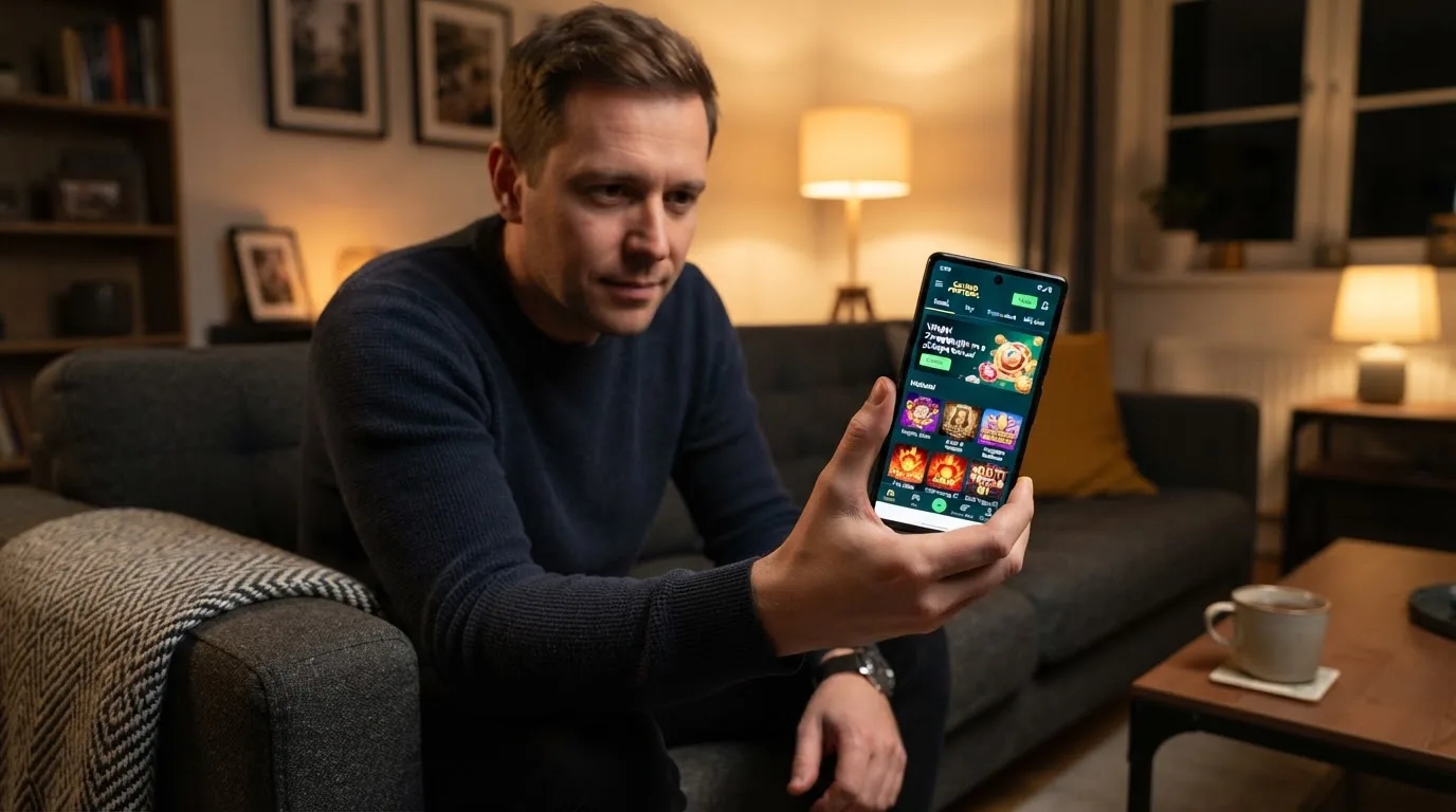 Muž sedí na gauči a poprvé otevírá aplikaci na chytrém telefonu večer.