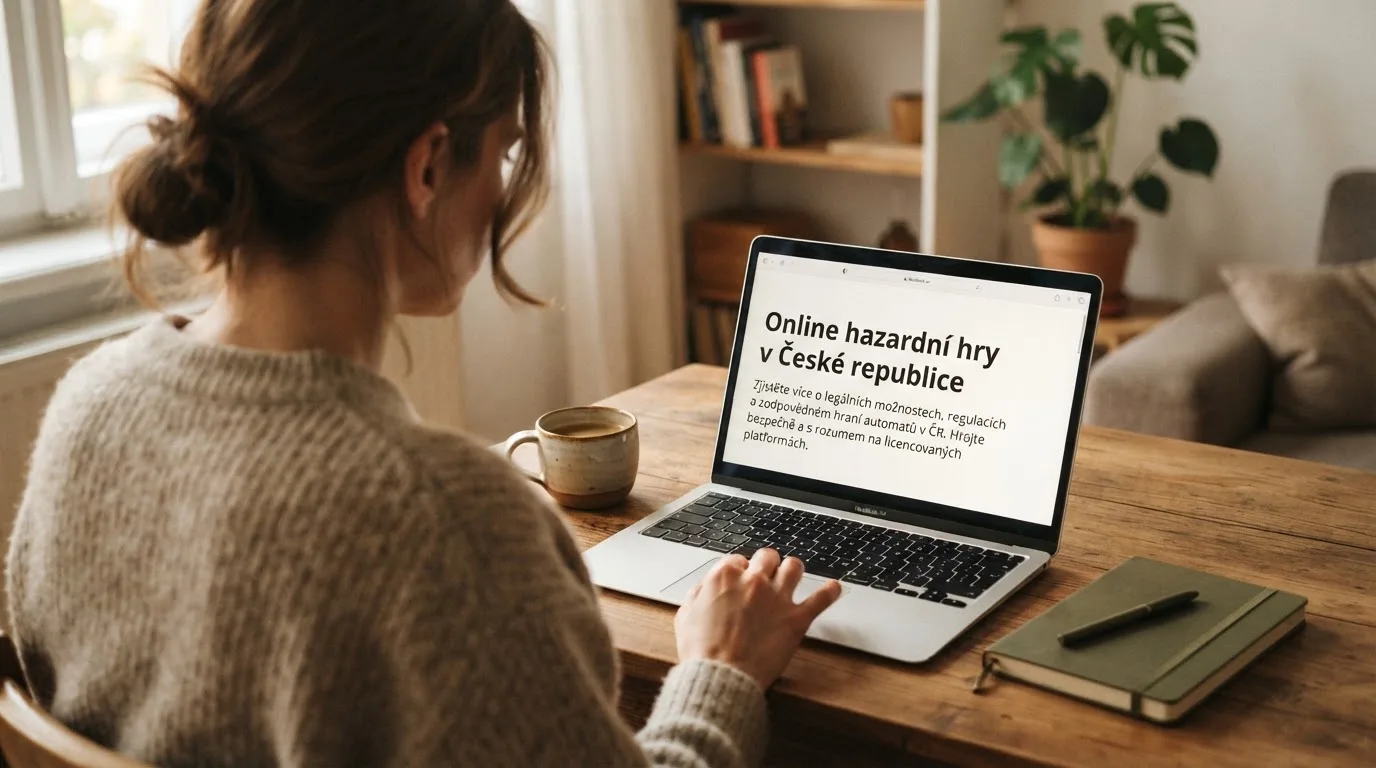 Člověk u notebooku čte informační stránku o online hazardu v Česku — nejlepší automaty online za peníze