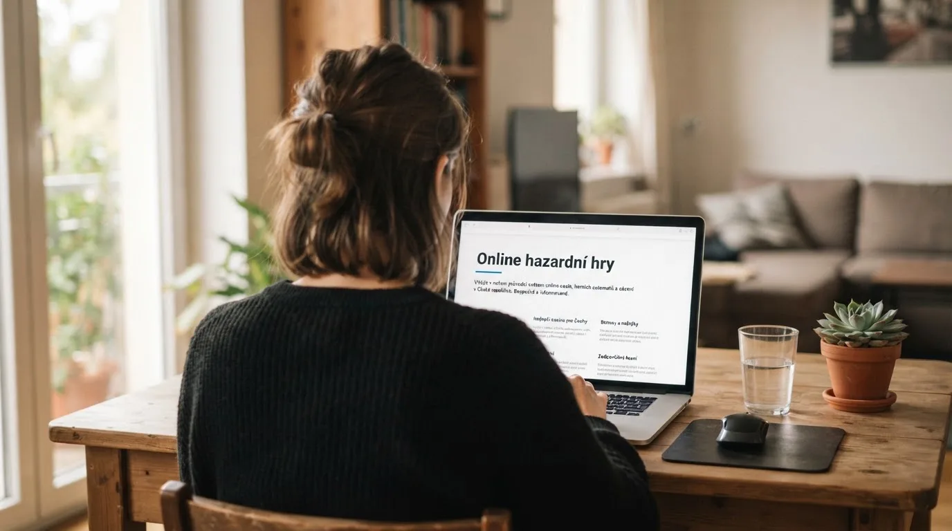 Člověk u notebooku čte informační stránku o online hazardu v Česku — nejlepší krypto kasina cz