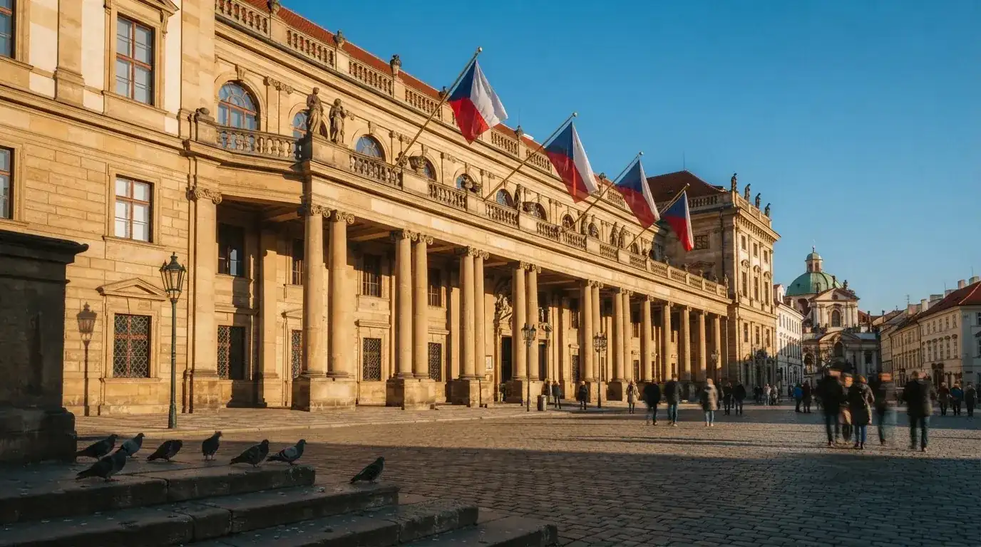 Historická úřední budova s vlajkami na slunečném náměstí — nejlepší live casino CZ
