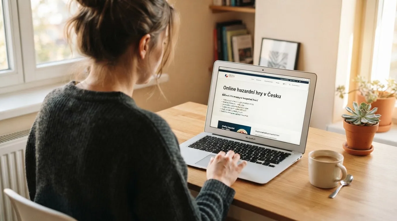 Člověk u notebooku čte informační stránku o online hazardu v Česku — nejlepší mobilní online kasino česká republika