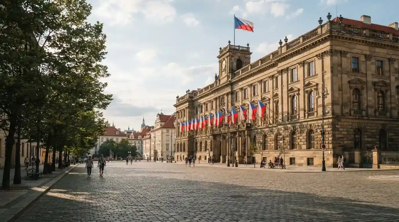 Historická úřední budova s vlajkami na slunečném náměstí — nejlepší online casino CZ