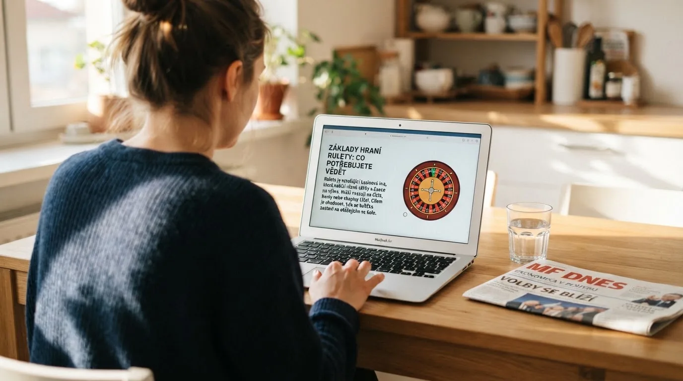 Člověk u notebooku čte informační stránku o online hazardu v Česku — nejlepší online casino CZ