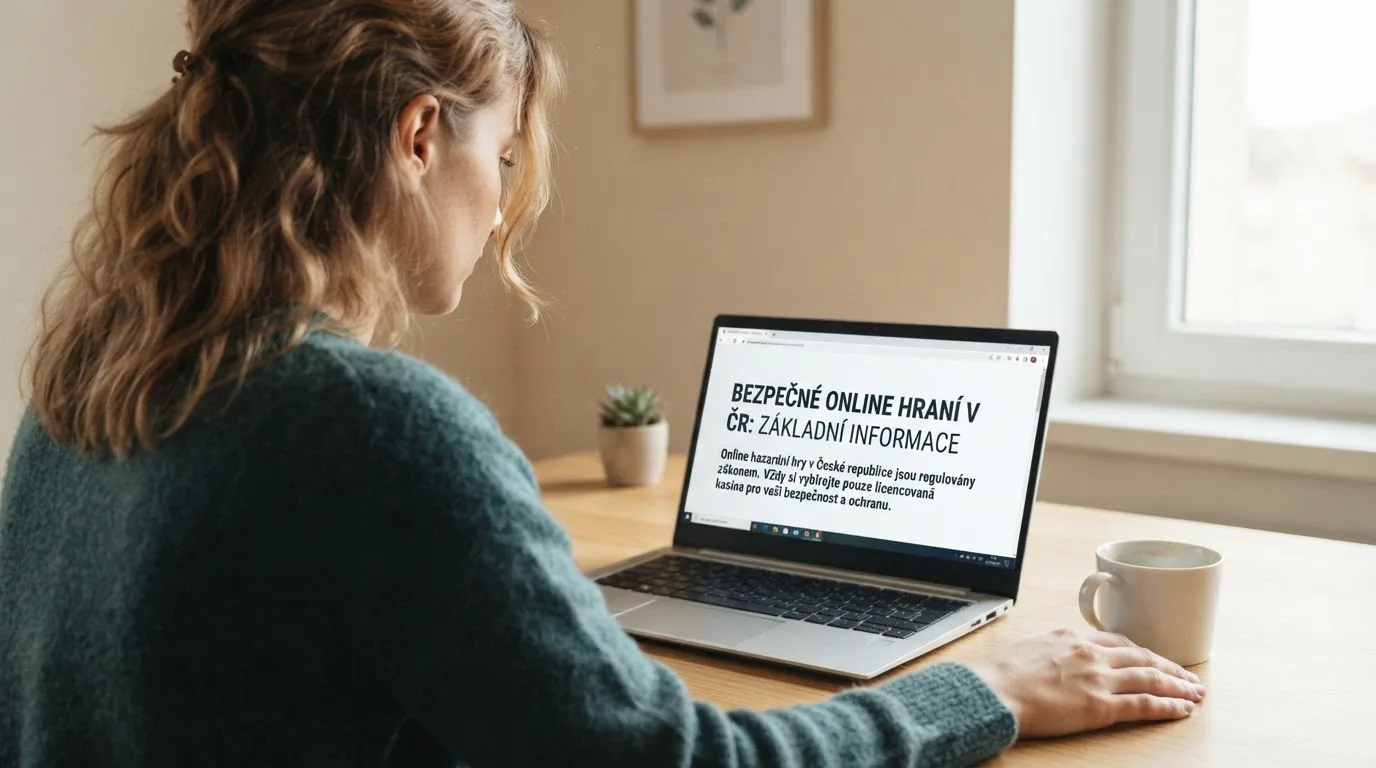 Člověk u notebooku čte informační stránku o online hazardu v Česku — nejlepší online casino s vkladem přes bitcoin