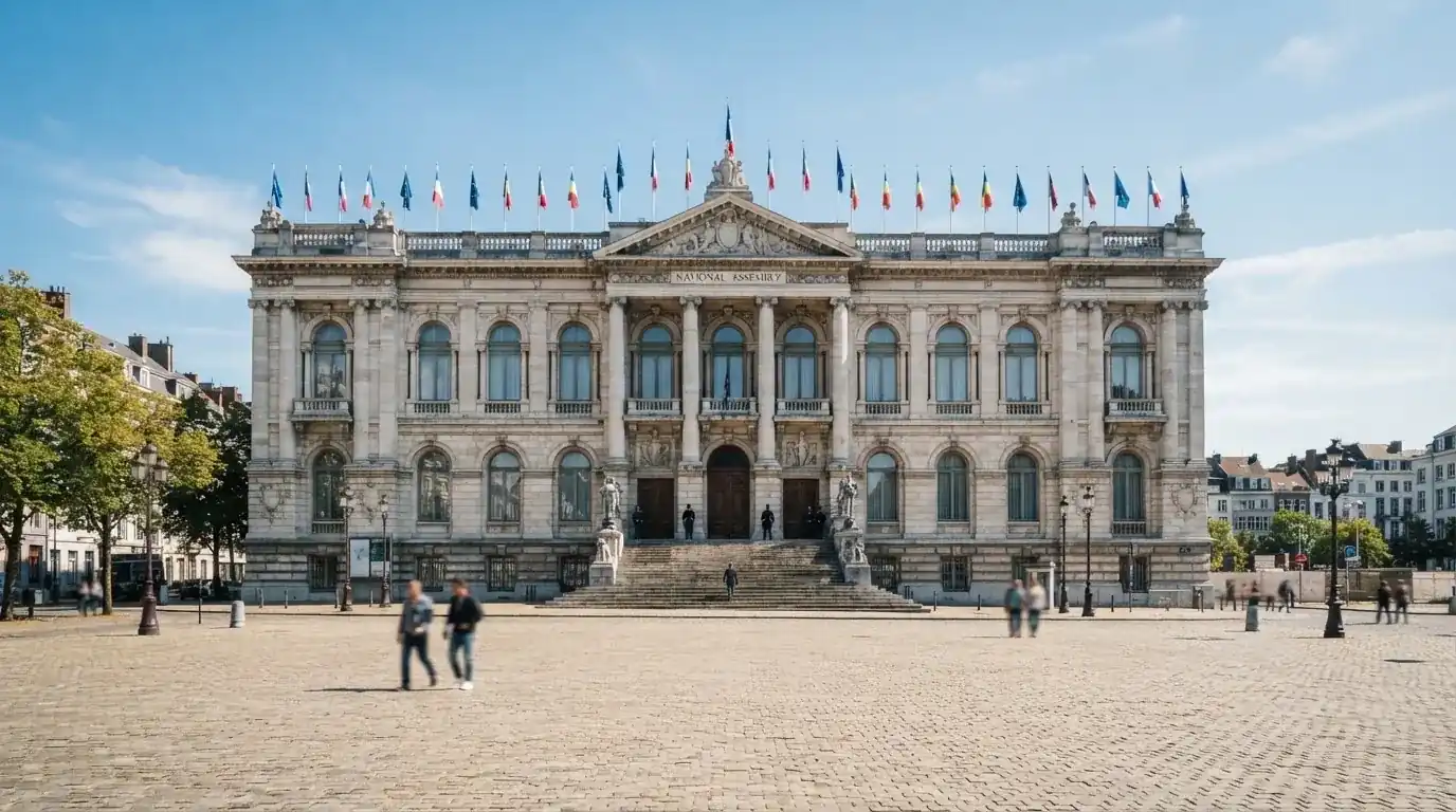 Historická úřední budova s vlajkami na slunečném náměstí — nejlepší online casino za peníze