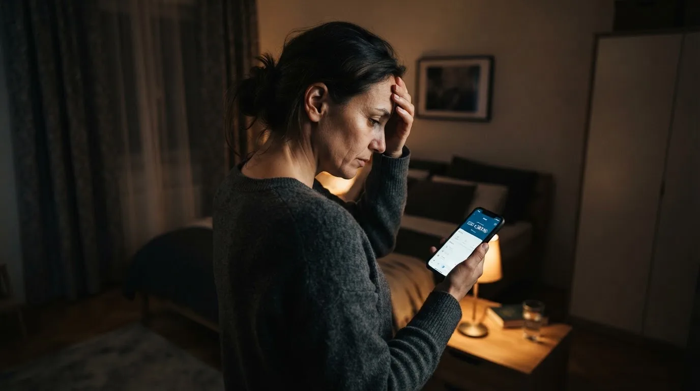 Žena drží telefon a druhou rukou si promne čelo unaveným gestem ve večerním pokoji.