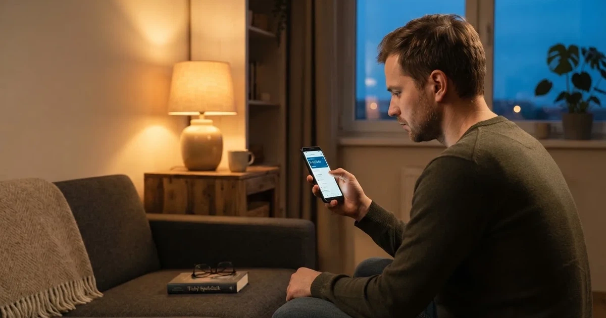 Muž v obývacím pokoji drží telefon a s nejistým výrazem hledí na displej za soumraku.